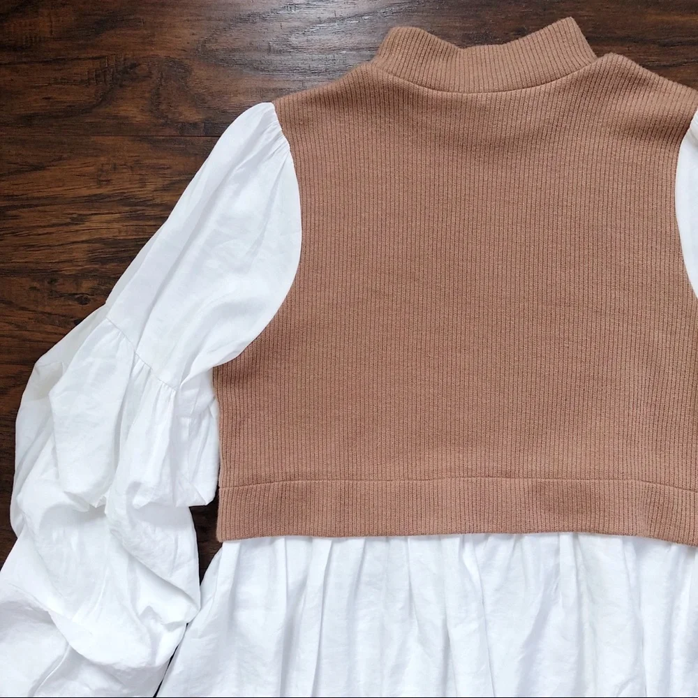 Anthropologie • Ruffled Layered Top tan sweater vest white puff sleeve blouse